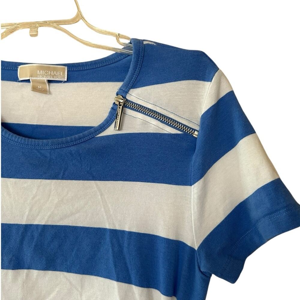 Michael Kors T-Shirt Womens Medium Striped Zip Shoulder Ruched Sides Blue White - Picture 3 of 11